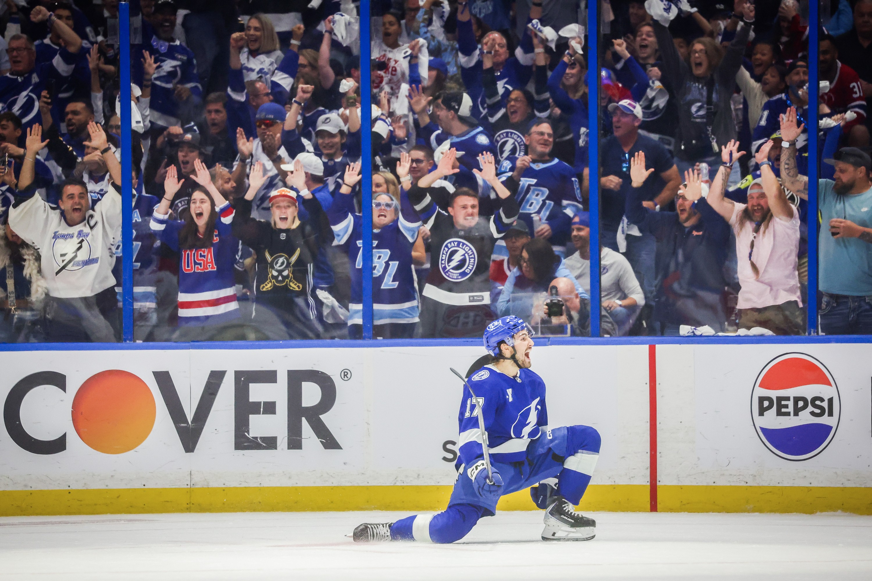 Tampa Bay Lightning centre Dominic James celebrates a goal