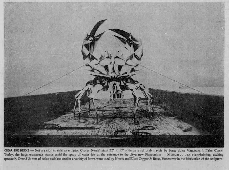 Newspaper photo of George Norris’s sculpture, The Crab, being barged down False Creek to its current location in October 1968. Courtesy of the Museum of Vancouver.