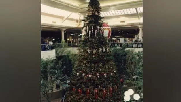 A giant Christmas tree in the centre of a large atrium. It is decorated with red and white decoations including candy canes, nutcrackers and fairy lights. There are other trees around it and people milling around at the bottom. There is a balcony above the main floor and the ceiling is covered in glass.