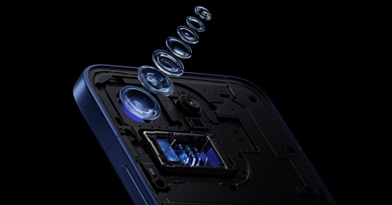 A close-up of a smartphone’s rear camera module with multiple lens elements shown separated above it, illustrating the camera’s inner components, against a black background.