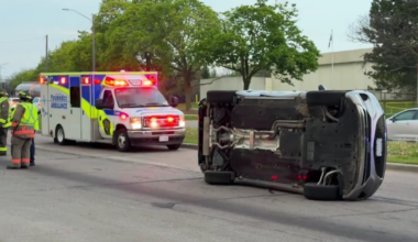 Vehicle flips on side after North York crash, no one seriously hurt