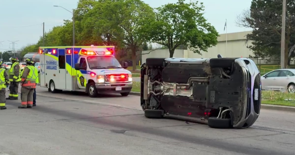 Vehicle flips on side after North York crash, no one seriously hurt