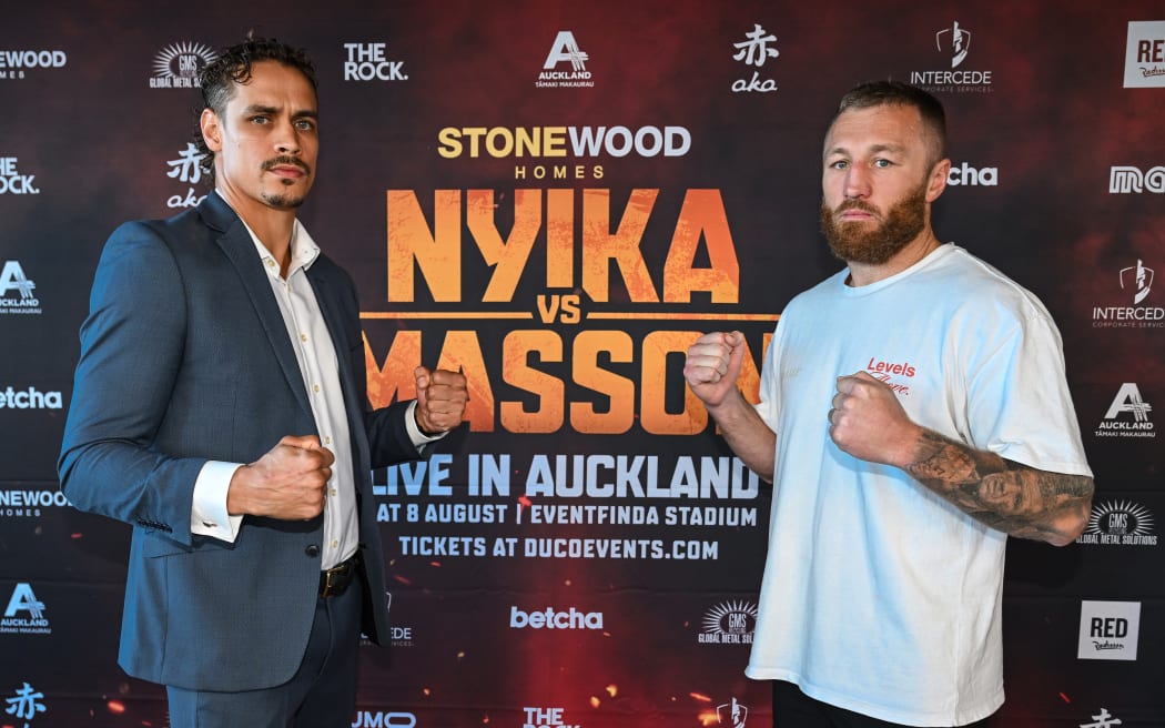David Nyika and Floyd Masson pose for a photo at the Press Conference for the David Nyika v Floyd Masson IBF Cruiserweight World Title Eliminator fight announcement at Radisson RED.