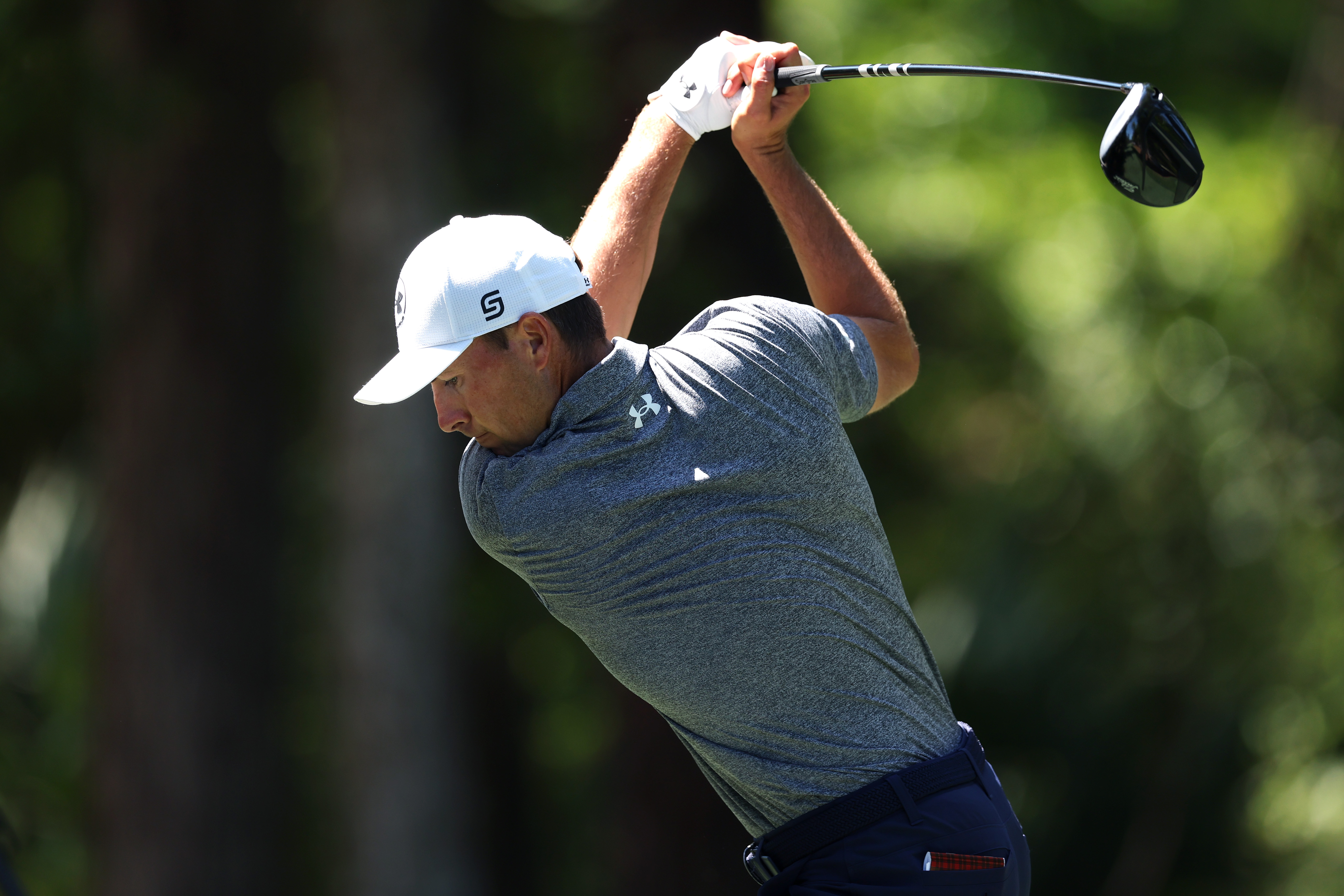 Jordan Spieth plays his shot from the fifth tee during the second round of the RBC Heritage 2026