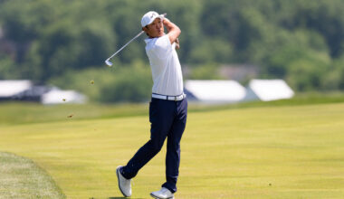 Anthony Kim hits down the fairway during the first round of LIV Golf Virginia golf tournament at Trump National Golf Club on May 7. [REUTERS/YONHAP]