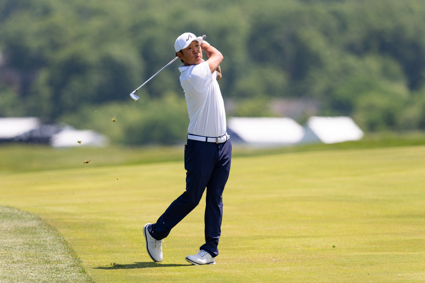 Anthony Kim hits down the fairway during the first round of LIV Golf Virginia golf tournament at Trump National Golf Club on May 7. [REUTERS/YONHAP]