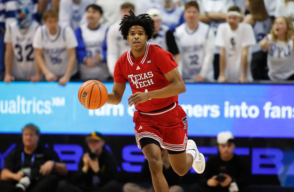Christian Anderson brings the ball up the court for Texas Tech during a game against BYU on March 7, 2026.