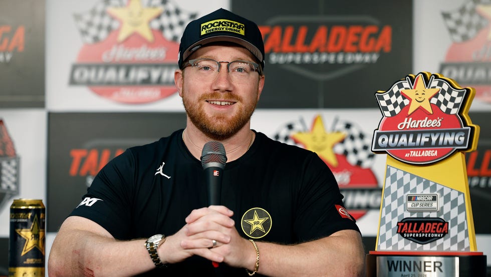 NASCAR Cup Series Jack Link's 500 – Qualifying talladega, alabama april 25: tyler reddick, driver of the #45 rockstar energy drink toyota, speaks to the media during a press conference after winning the pole award due to a weather canceled qualifying for the nascar cup series jack links 500 at talladega superspeedway on april 25, 2026 in talladega, alabama. (photo by sean gardner/getty images)