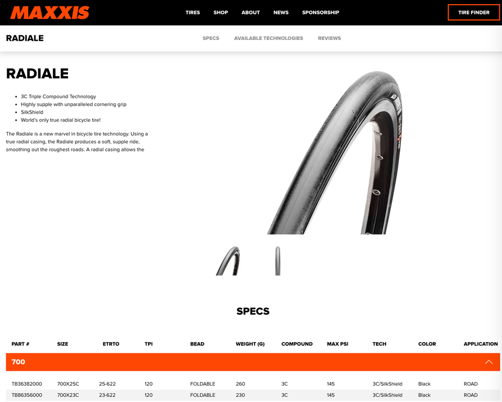 Maxxis Radiale bicycle tire with specifications. Maxxis Radiale bicycle tire with specifications.