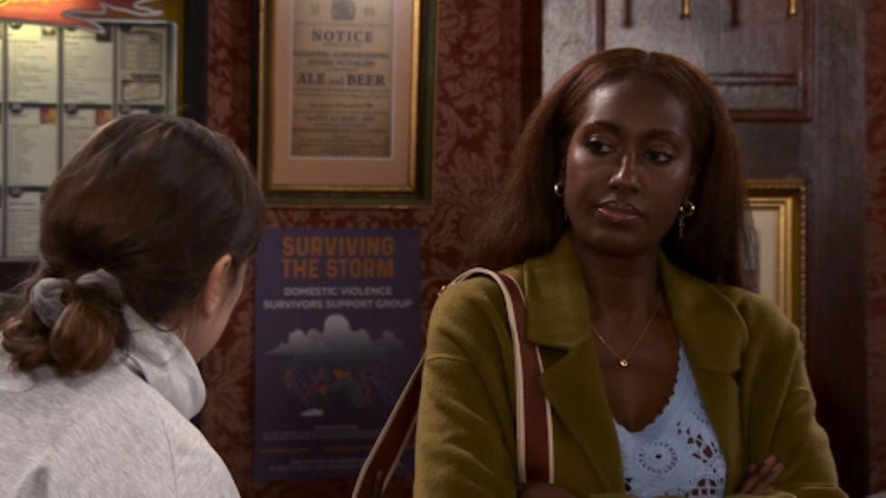 coronation street maggie melanie conversation between two individuals in a public space