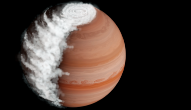 An illustration of an orange striped world with white puffy clouds toward its left side.