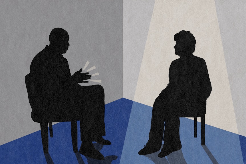 An illustration of a silhouetted woman and man, sitting in chairs opposite one another. The man is explaining something.