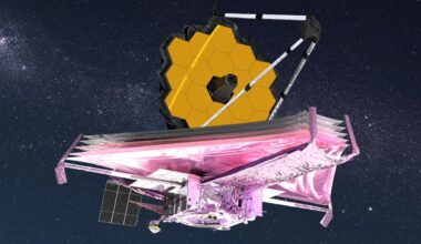 Illustration of James Webb Space Telescope with gold hexagonal mirror and pink sunshield