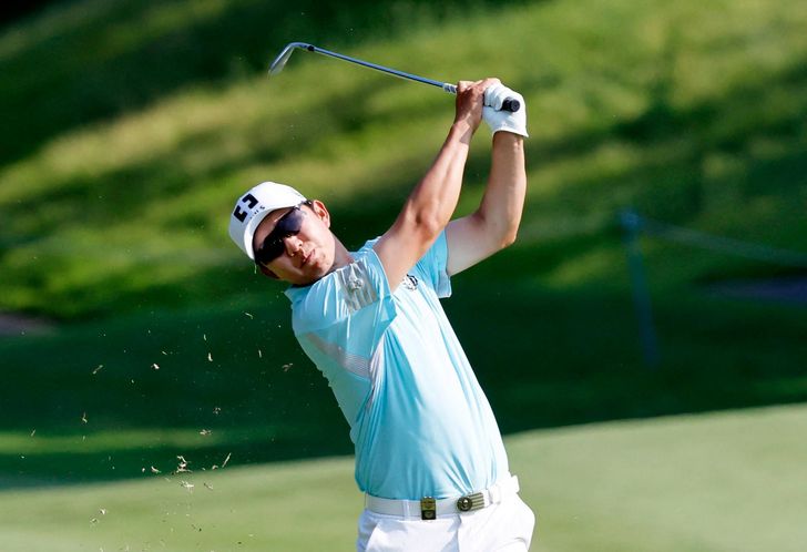 Song Young-han hits a shot during the LIV Golf Korea at Asiad Country Club in Busan, Friday. Reuters-Yonhap