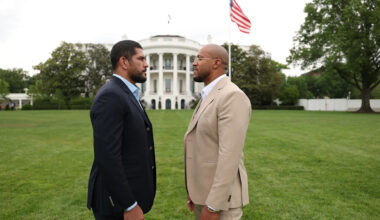 Video: Ciryl Gane, Alex Pereira face off for first time on White House lawn