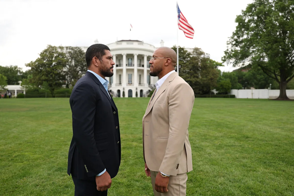 Video: Ciryl Gane, Alex Pereira face off for first time on White House lawn