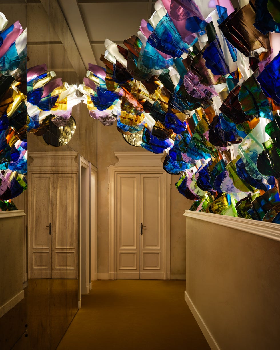 Colorful glass installation in a hallway