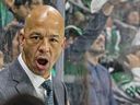 Abbotsford Canucks head coach Manny Malhotra behind the bench during Game 3 of the Western Conference finals against the Texas Stars at the H-E-B Center in Cedar Park, Texas on June 2, 2025.