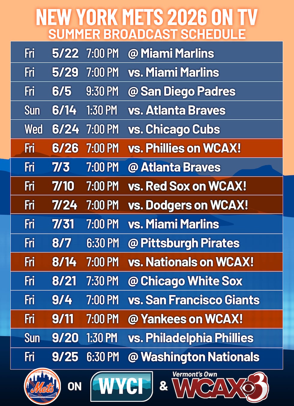 MLB teams will be part of the summer on WYCI, with special marquee games airing on WCAX.