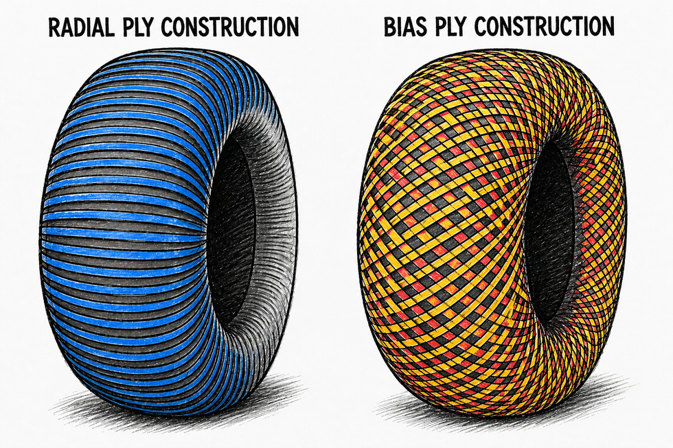 Comparison of radial and bias ply tire constructions.