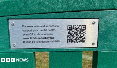 Plaques have been installed across Torbay. The plaque is attached to a green bench with details of how to get help as well as a QR code.