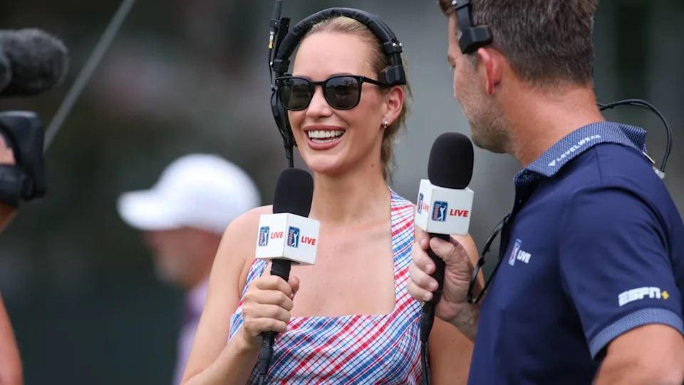 Aug 21, 2025; Atlanta, Georgia, USA; Reporter Paige Spiranac on the first hole during the first round of the TOUR Championship golf tournament. Mandatory Credit: Brett Davis-Imagn Images© Brett Davis-Imagn Images