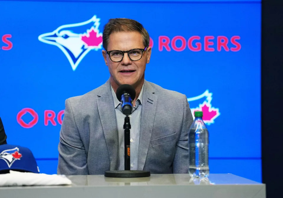 Toronto Blue Jays general manager Ross Atkins speaks to the media during the press conference room at Rogers Centre. Nick Turchiaro-Imagn Images