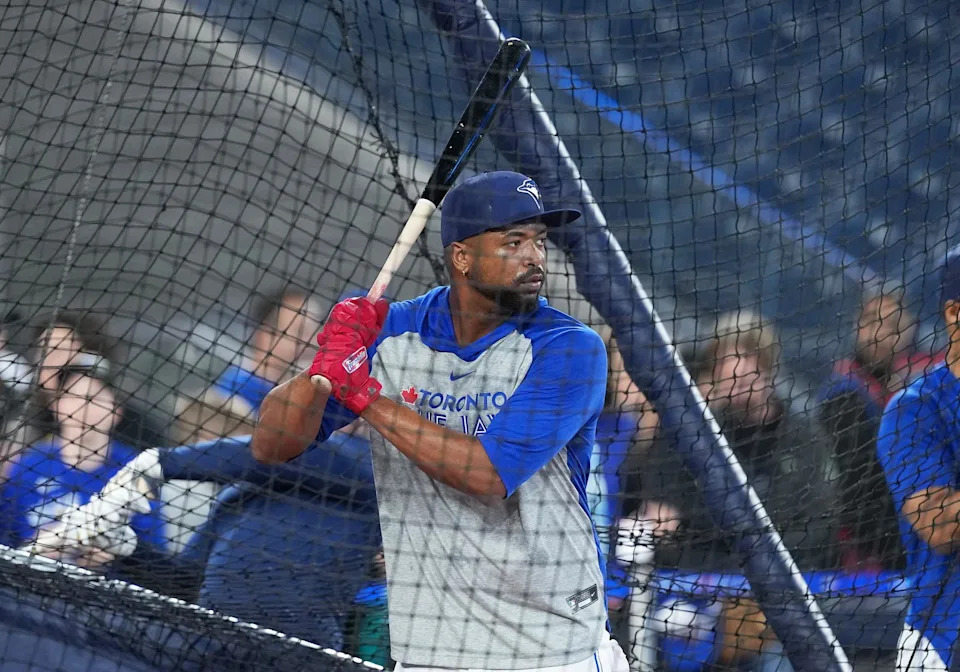 Toronto Blue Jays outfielder Eloy Jimenez (74) takes batting practice before a game against the Cleveland Guardians at Rogers Centre. Nick Turchiaro-Imagn Images