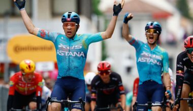 XDS Astana Team Uruguayan rider Guillermo Silva celebrates as he crossing the finish line in the 2nd stage of the Giro d'Italia 2026 - Tour of Italy cycling race between Burgas and Veliko Tarnovo, Bulgaria, on May 9, 2026. (Photo by Luca Bettini / AFP)