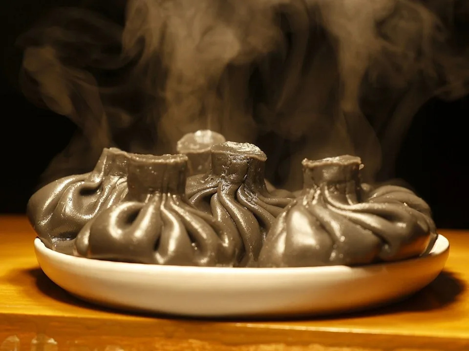 These Khinkali (Georgian dumplings) are stained black with squid ink and stuffed with cheese and dill at Yan’s Restaurant.