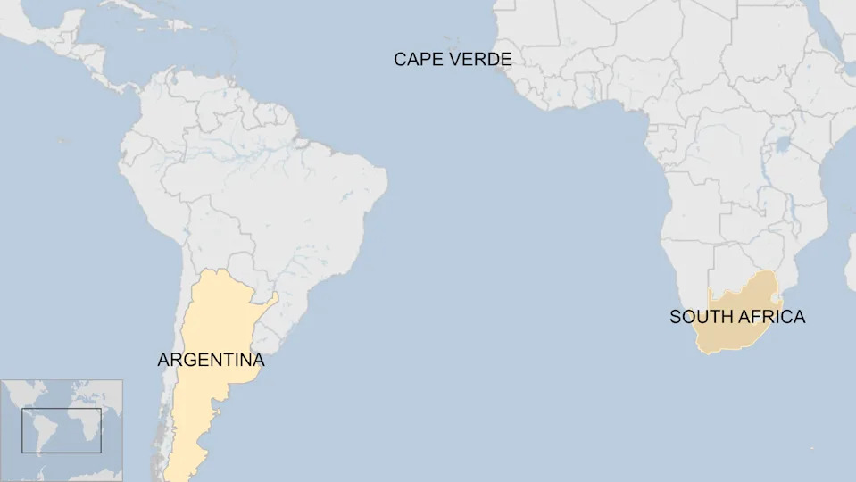 A BBC map showing where Argentina, Cape Verde and South Africa are located