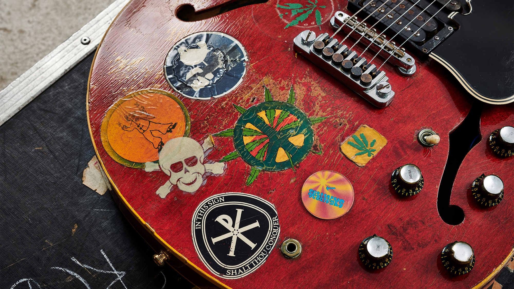 Detail of a vintage 1958 Gibson ES-335 electric guitar nicknamed &Ocirc;Big Red&Otilde;, previously owned by English musician and Ten Years After guitarist Alvin Lee, taken on May 21, 2019.