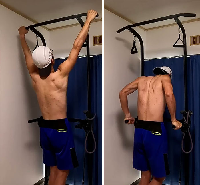 Japanese YouTuber doing pull-ups and dips in home gym following Saitama routine