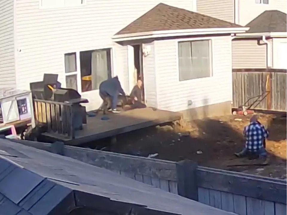  Security camera stills show two Cane Corsos belonging to Crystal MacDonald attacking Tina Kelepouris on Feb. 3, 2024. MacDonald is facing trial for criminal negligence after the dogs attacked and killed 11-year-old Kache Grist two months later.