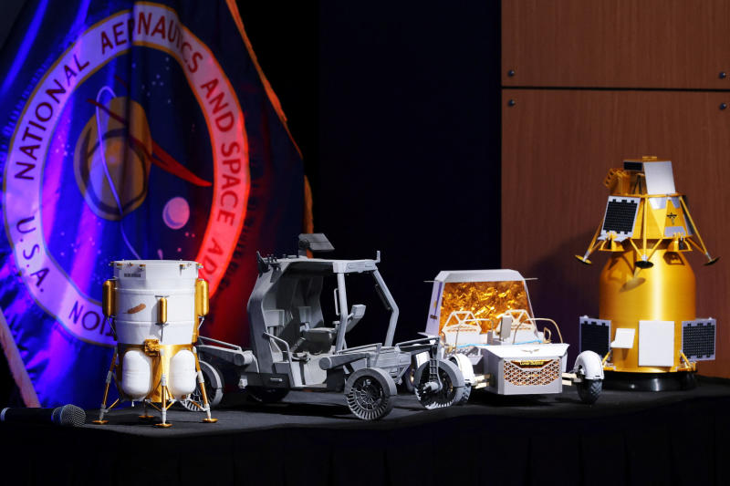 Nasa displays newly unveiled lunar base project models from Blue Origin, Lunar Outpost and other companies during a news conference on updated plans for the agency’s Moon Base initiative for a long-term lunar presence, at Nasa headquarters in Washington, DC, the United States, on Tuesday. (Photo: Reuters)