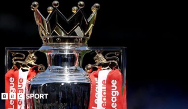 The Premier League trophy, adorned with red and white ribbons for champions Arsenal, sits pitchside at Selhurst Park beforer the end of season presentation and celebrations