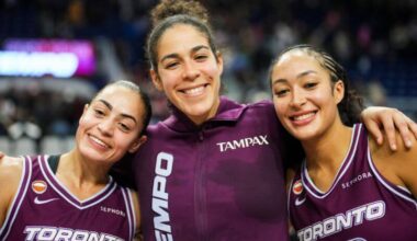 Toronto Tempo guard Kia Nurse (11) poses for a photo after the game with teammates.