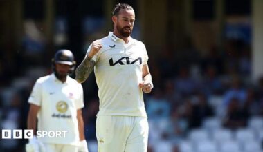 Jordan Clark celebrates taking a wicket against Sussex