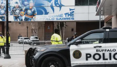 Photo of Police and security outside of the Buffalo Sabres arena (KeyBank Center)