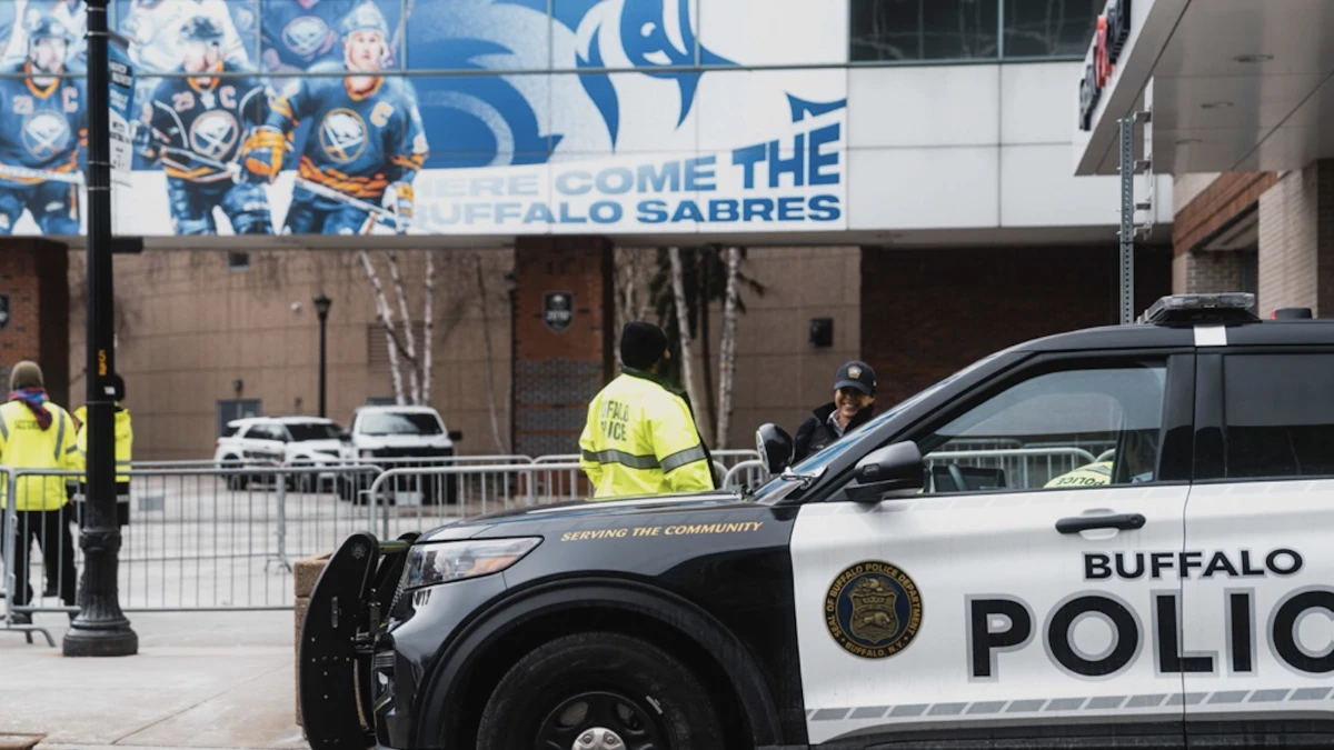 Photo of Police and security outside of the Buffalo Sabres arena (KeyBank Center)