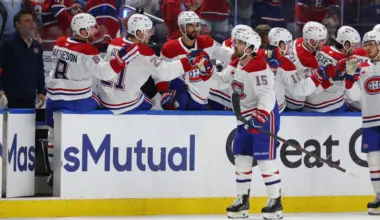 Montr&eacute;al Canadiens center Alex Newhook (15) celebrates his goal with teammates during the second period against the Buffalo Sabres in game two of the second round of the 2026 Stanley Cup Playoffs at KeyBank Center.