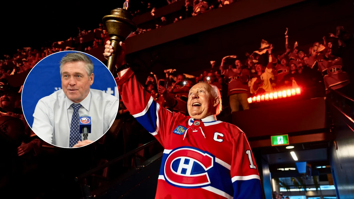Photo of Patrick Roy and Yvan Cournoyer.