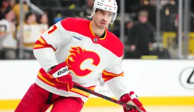 Calgary Flames defenseman Kevin Bahl (7) warms up before a game against the Vegas Golden Knights at T-Mobile Arena.