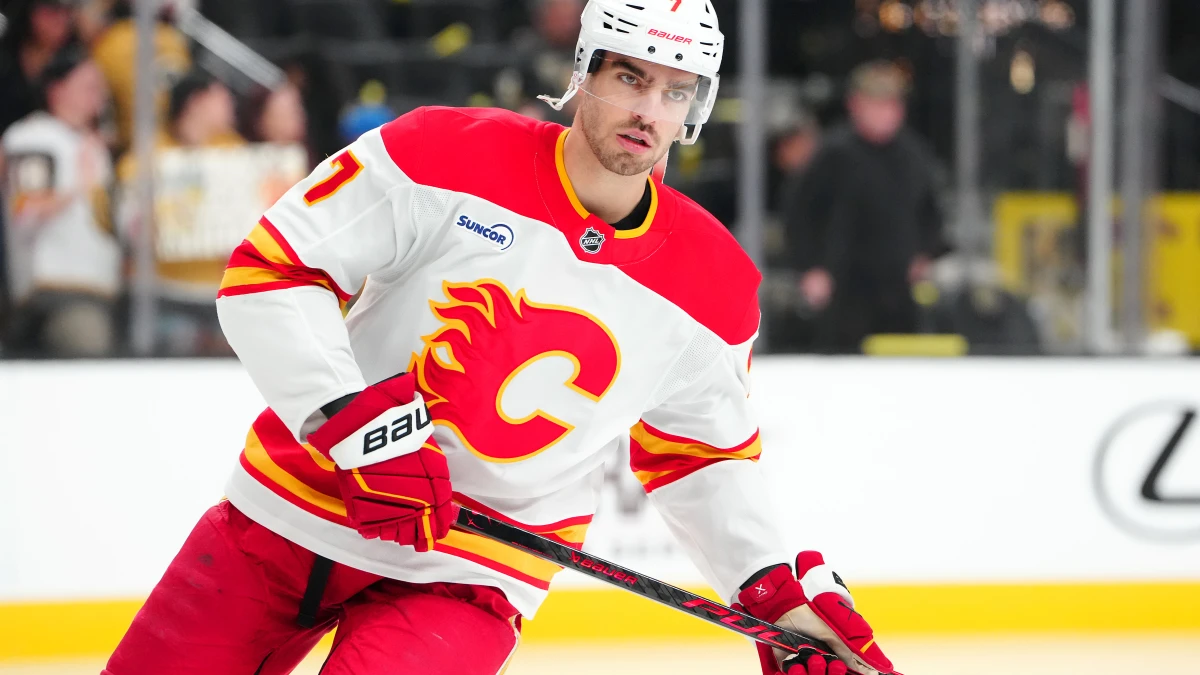 Calgary Flames defenseman Kevin Bahl (7) warms up before a game against the Vegas Golden Knights at T-Mobile Arena.