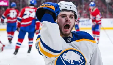 Buffalo Sabres left wing Zach Benson (6) reacts after scoring a goal against the Montreal Canadiens during the second period in game six of the second round of the 2026 Stanley Cup Playoffs at Bell Centre.