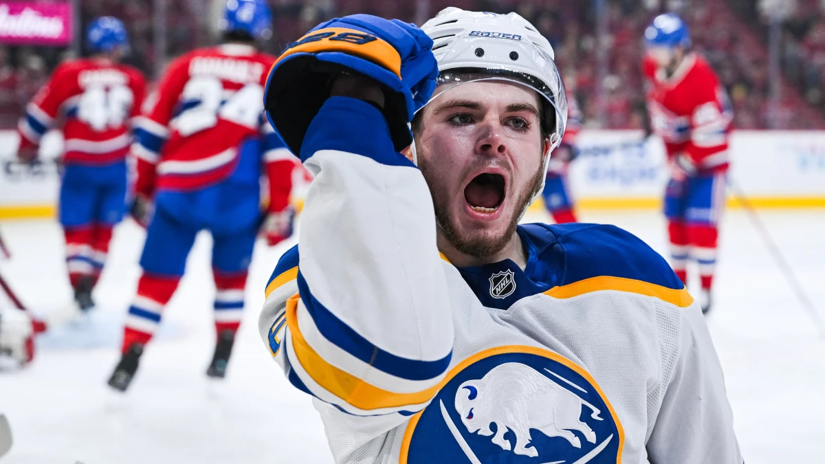 Buffalo Sabres left wing Zach Benson (6) reacts after scoring a goal against the Montreal Canadiens during the second period in game six of the second round of the 2026 Stanley Cup Playoffs at Bell Centre.
