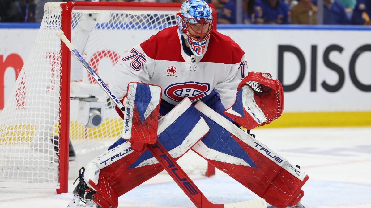 Montr&eacute;al Canadiens goaltender Jakub Dobes (75) looks for the puck during the second period against the Buffalo Sabres in game one of the second round of the 2026 Stanley Cup Playoffs at KeyBank Center.