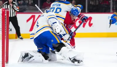 Montreal Canadiens forward Brendan Gallagher (11) attempts to put the puck past Buffalo Sabres goalie Ukko-Pekka Luukkonen (1) and teammate defenseman Jacob Bryson (78) during the first period at the Bell Centre.