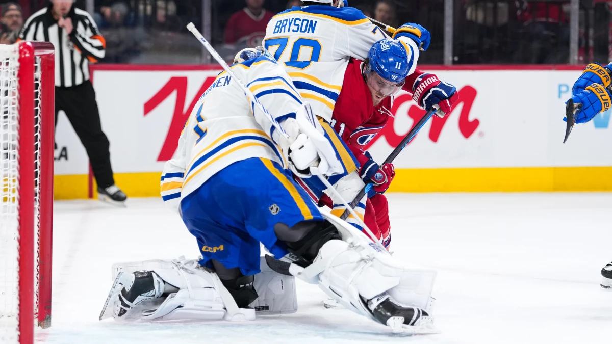 Montreal Canadiens forward Brendan Gallagher (11) attempts to put the puck past Buffalo Sabres goalie Ukko-Pekka Luukkonen (1) and teammate defenseman Jacob Bryson (78) during the first period at the Bell Centre.