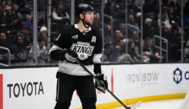 Los Angeles Kings right wing Adrian Kempe (9) looks on during the second period against the St. Louis Blues at Crypto.com Arena.